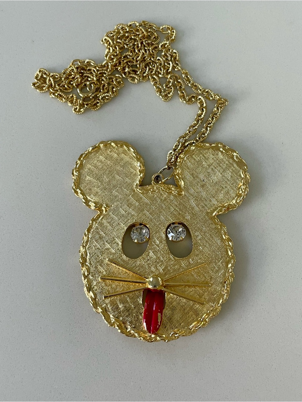 Vintage Large Gold-Tone Whimsical Mouse Head Pendant Necklace